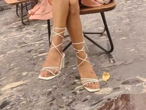 White Strappy Lace-Up Block Heels