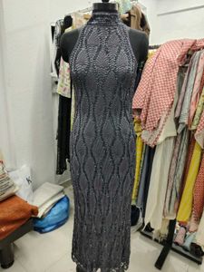 Elegant Grey Crochet  Halter Neck Gown