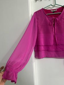 Chic Pink Sheer Blouse with Tie Neck