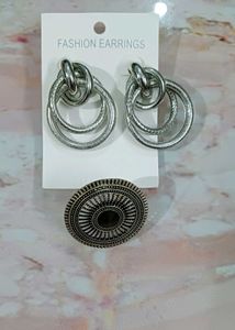 Chic Silver Hoop Earrings & Statement Ring Set