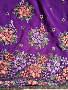 Heavy Embroidery Violet Georgette Saree