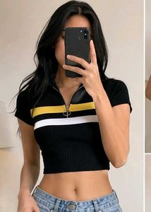 Black Ribbed Zip Up T-Shirt