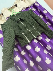 Olive Green Textured Crop Jacket