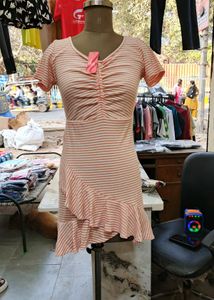 Striped Ruched Front Dress with Ruffle Hem