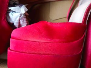 Red Satin Platform Block Heels