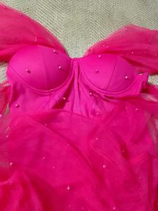 Hot Pink Tulle Pearl Embellished Dress