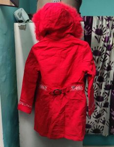 Red Faux Fur Detachable Hooded Jacket