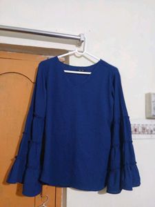 Blue Ruffle Sleeve V-Neck Top