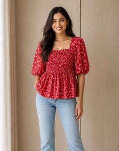 Red Floral Smocked Square Neck Top