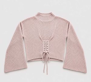 BLUSH PINK LACE-UP CROPPED KNIT SWEATER