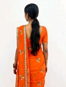 Beautiful Orange Saree with Golden Border