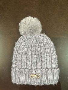 Grey Knit Beanie with Bow Detail