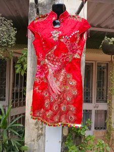 Red Chinese Style Dress with Peacock