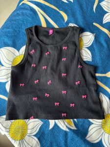 Black Ribbed Tank Top with Pink Bows