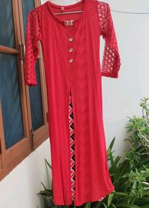 Red Net Kurta with Slit and Inner Lining