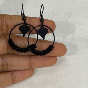 Black Hoop Earrings with Heart Charm