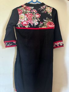 Mid- length Black Kurta with Floral Print