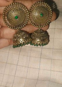 Antique Jhumka Earrings with Green Beads