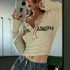 ִ ࣪𖤐y2k Ribbed Henley Long Sleeve Crop Top❤️