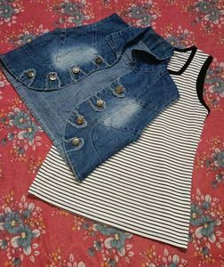 Stylish Striped Top &amp; Denim Vest Set