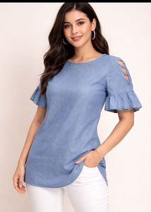 Denim tunic top with ruffle sleeves