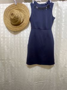 Elegant Navy Beaded Neckline Dress