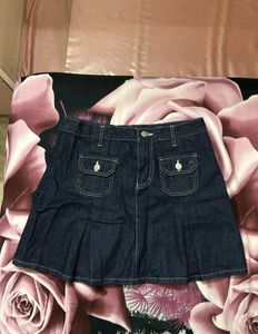 Dark Wash Denim Pleated Mini Skirt