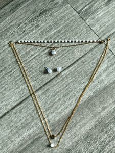 Layered Pearl Necklace & Earring Set and hand brac