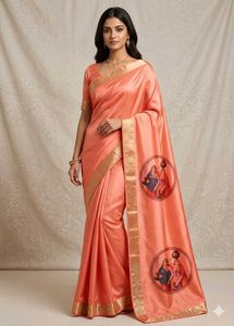 Beautiful Coral Saree with Golden Border