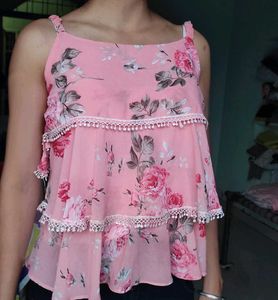 Cute Pink Floral Tiered Cami Top