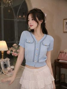 coquette Cute Blue Button-Up Knit Korean Top