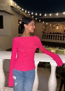 Trendy Pink Off-Shoulder Top with Button Detail