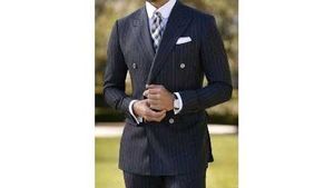 Double Breasted Mens Dark Navy Blue Striped Suit