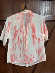 Sheer White &amp; Pink Print Button-Up Top