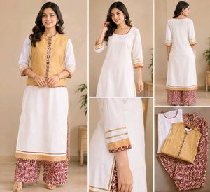 Women Cotton Rayon Kurta Palazzo Ethnic Jacket Set