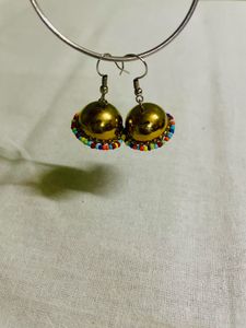 Golden Jhumka Earrings with Colorful Beads