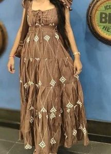 Brown Tiered Maxi Dress with Floral Embroidery