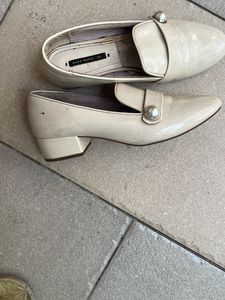 Zara Cream Patent Loafers with Embellishment