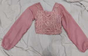 Pink Crochet lace Square Neck puff sleeve crop top