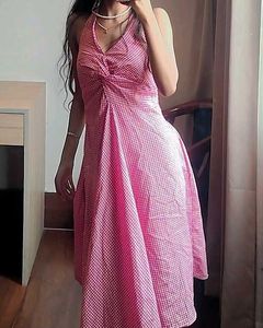 Gingham Print Halter Neck Midi Dress
