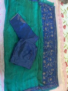 Teal Green Saree With Navy Blue Blouse