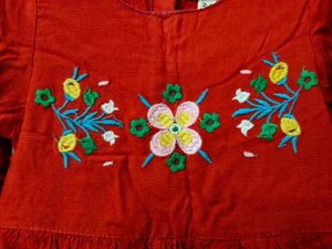 Red Cotton Frock With Embroidery