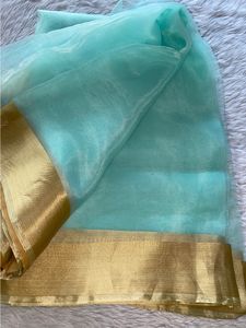 organza Green With Gold Border Saree