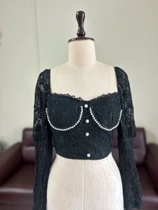 Black Lace Pearl Detail Puff Sleeve Top