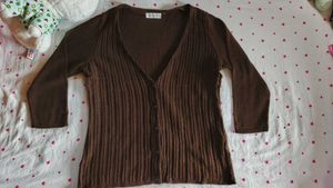 Brown Ribbed V-Neck Button-Up Cardigan
