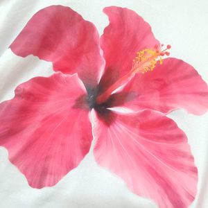 White T-Shirt with Pink Hibiscus Print