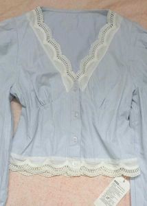 Blue Striped Lace Trim Top