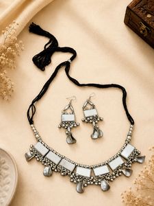 Bohemian Oxidized Silver Mirror Necklace Set