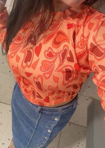 Stylish Orange &amp; Red Patterned Mesh Top
