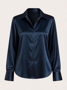 Elegant Navy Satin Button-Down Shirt